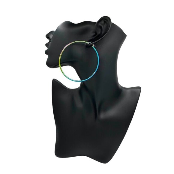 NWT Large Hoop Earrings Titanium Rainbow Steel Multicolor - Picture 7 of 11